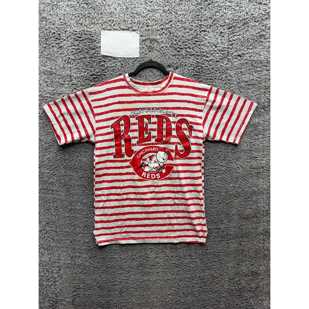 Vintage 1990 Cincinnati Reds MLB Striped Graphic Short Sleeve T-Shirt Size M